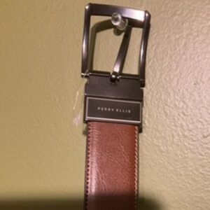 Perry Ellis Men’s Brown Leather Belt Size 36 Gunmetal Buckle